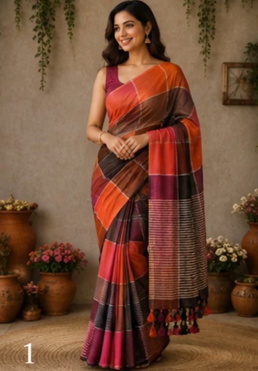 RANGREKHA CHECKS LINEN SAREE